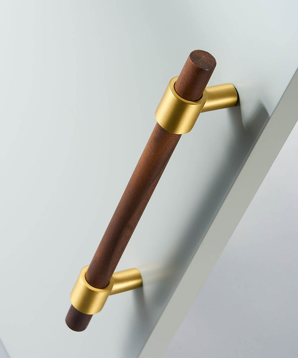 WOOD Walnut & Solid Brass Modern Kitchen & Cabinet Handle - Luxury Handles